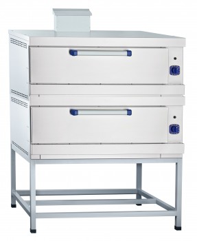 Шкаф пекарский подовый ГШ-2 газовый, 2 пекарные камеры 1035х770х250 мм, +100...+340 С, пьезорозжиг, газ-контроль, нерж. облицовка, нерж. дверца, краш. боковые и задняя стенки, поды - углеродистая сталь, 1300х970(1057)х(1488)1690 мм, 16 кВт, 2 горелки, краш. подставка арт. 21000001844